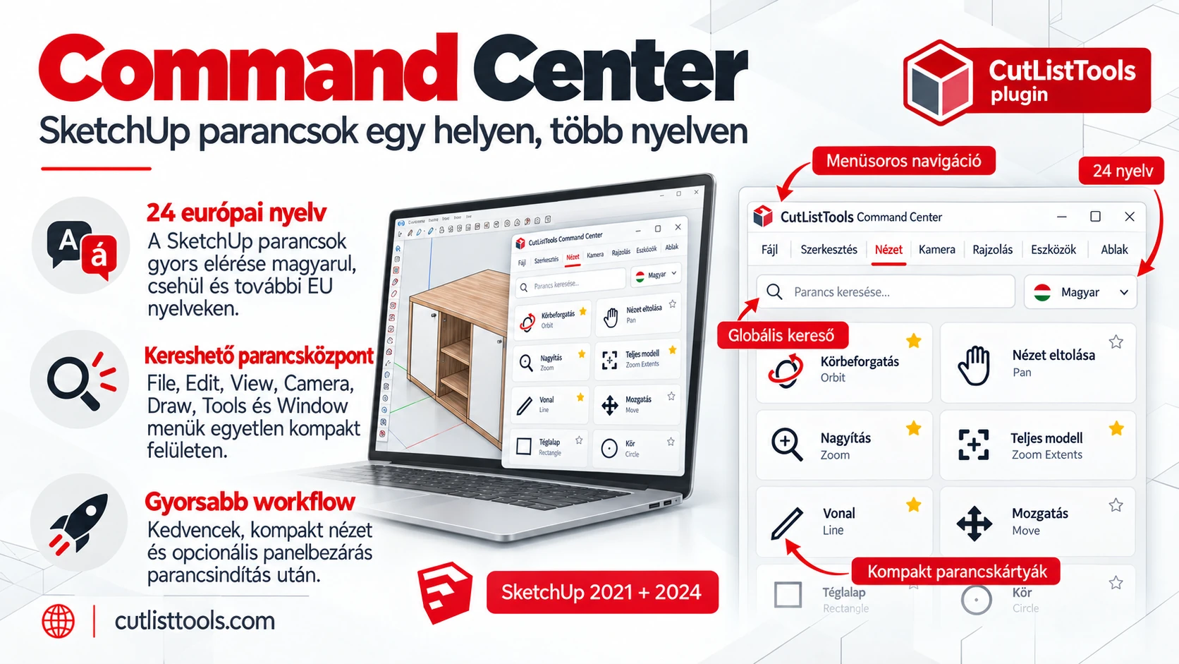 CutListTools Command Center – magyar parancskártyák, kereső és nyelvválasztó SketchUpban