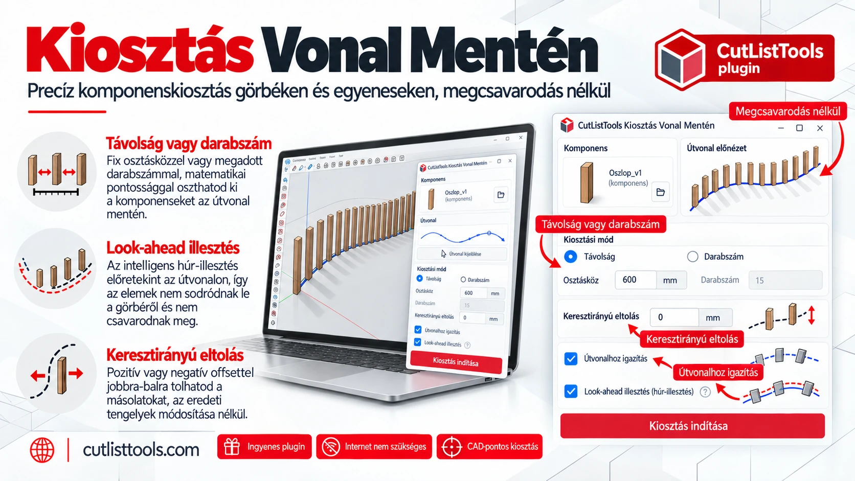 CutListTools Kiosztás Vonal Mentén – komponensek kiosztása görbék és egyenesek mentén