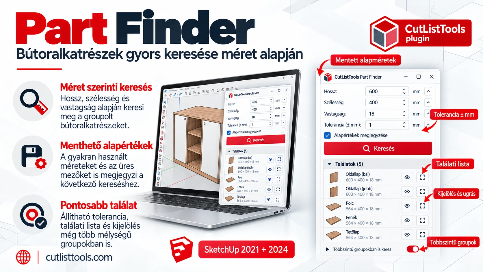 CutListTools Part Finder – méret szerinti alkatrészkeresés, előnézetek és találati lista