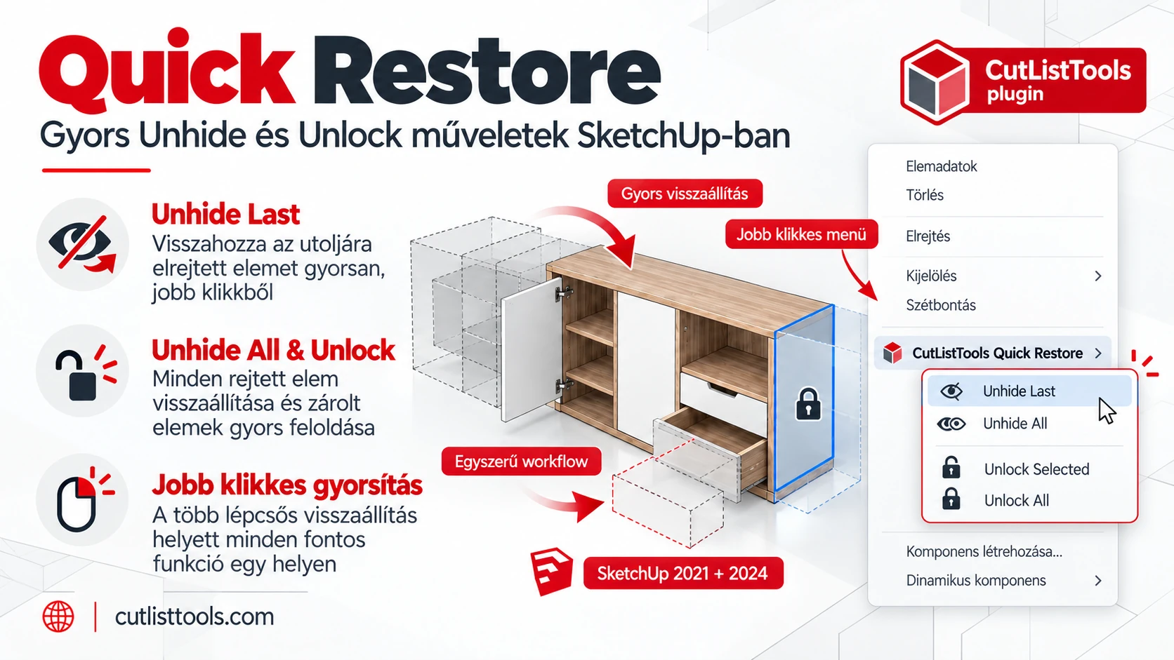 CutListTools Quick Restore – Unhide és Unlock parancsok a SketchUp jobb klikkes menüjében