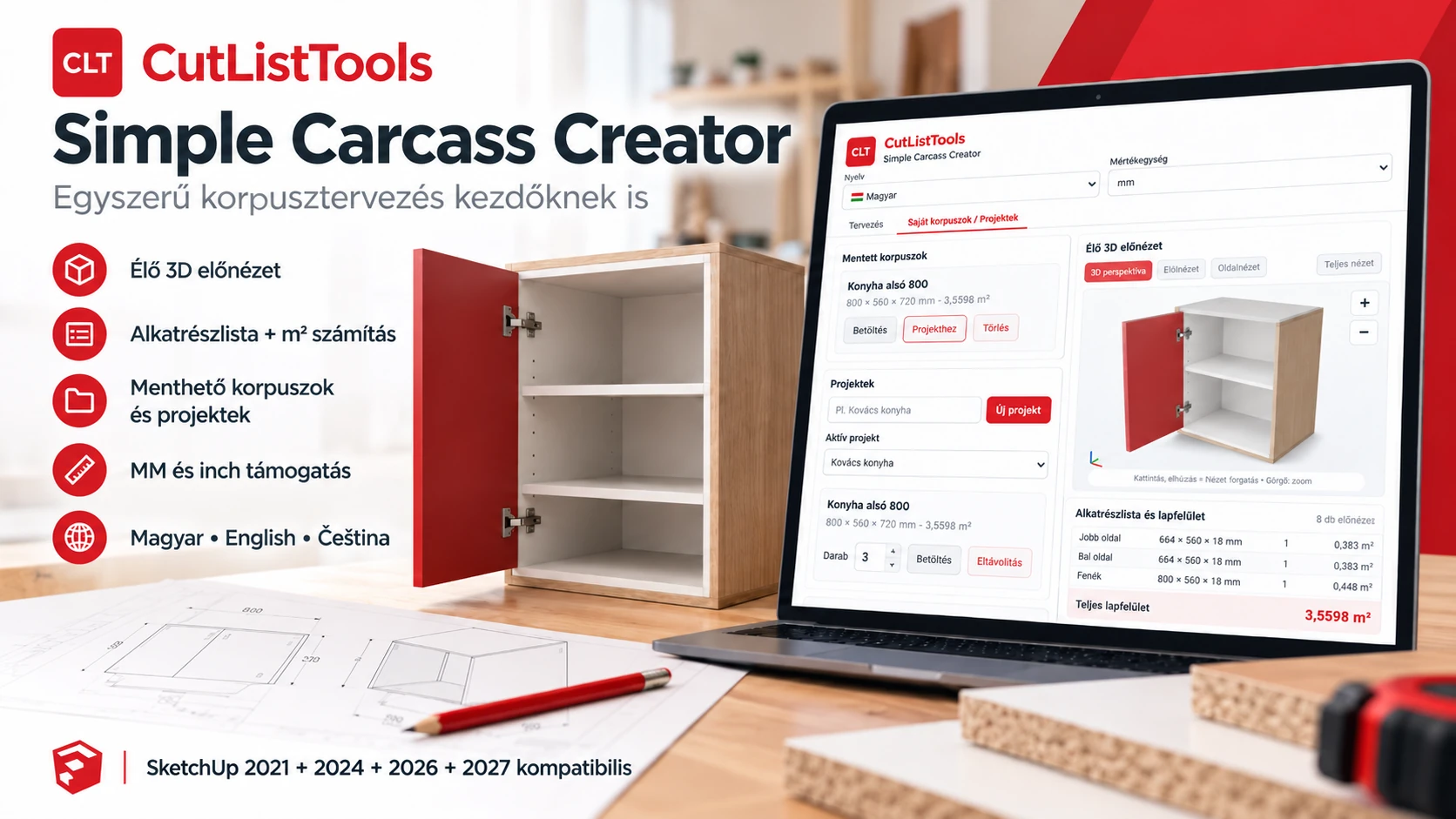 CutListTools Simple Carcass Creator – élő 3D-előnézet, alkatrészlista, menthető korpuszok és projektek
